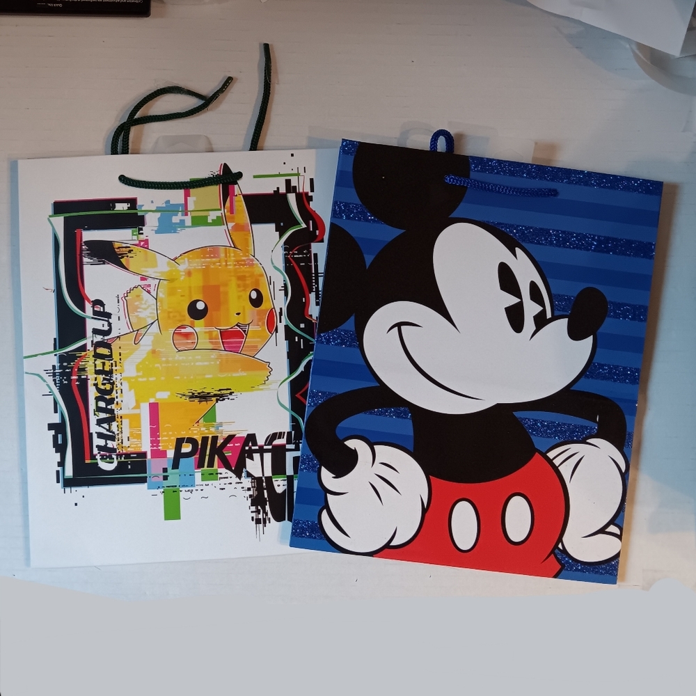 2x Large gift bags Pokemon pikachu disney mickey mouse